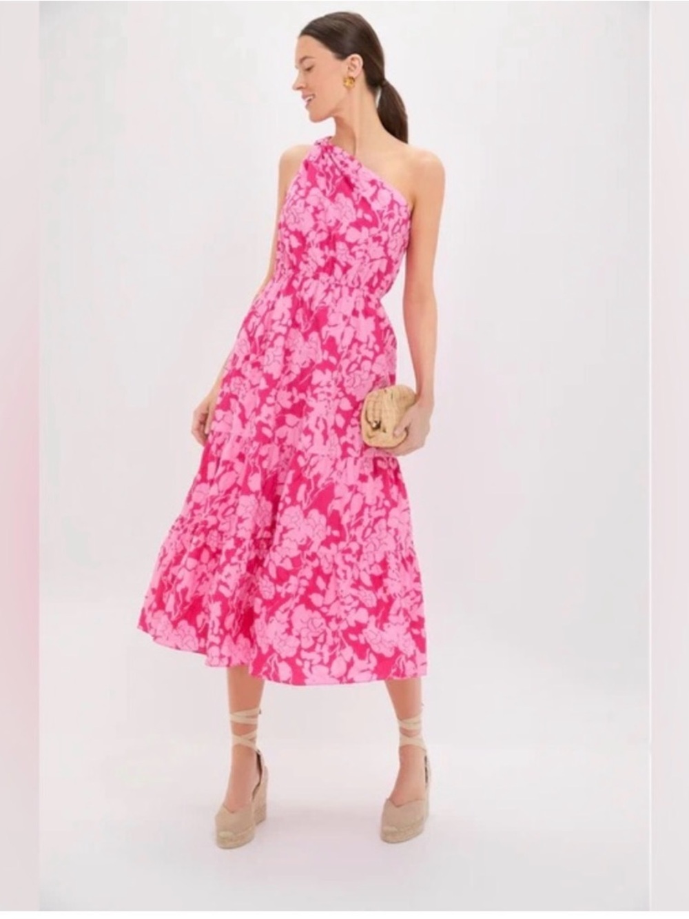 Tuckernuck Fuchsia and Light Pink One-Shoulder Floral Midi Dress